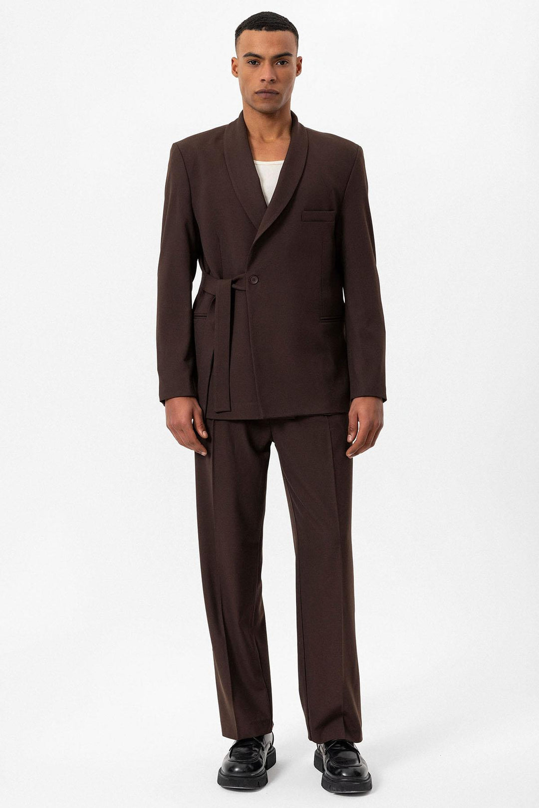 Мужской коричневый двубортный пиджак из 100% льна с карманами - Wessi