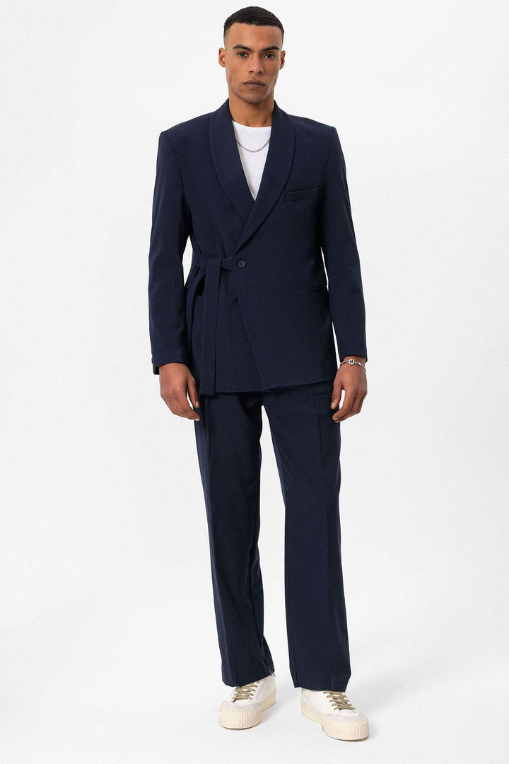 Blazer doppiopetto da uomo con dettagli tascabili in lino 100% lino blu navy - Wessi