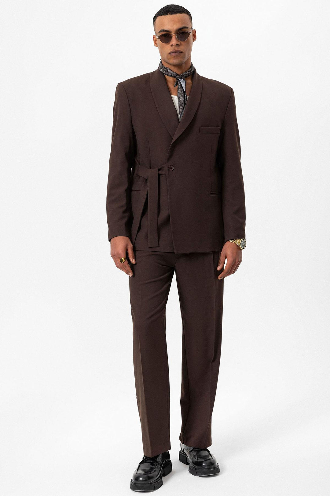 Мужской коричневый двубортный пиджак из 100% льна с карманами - Wessi