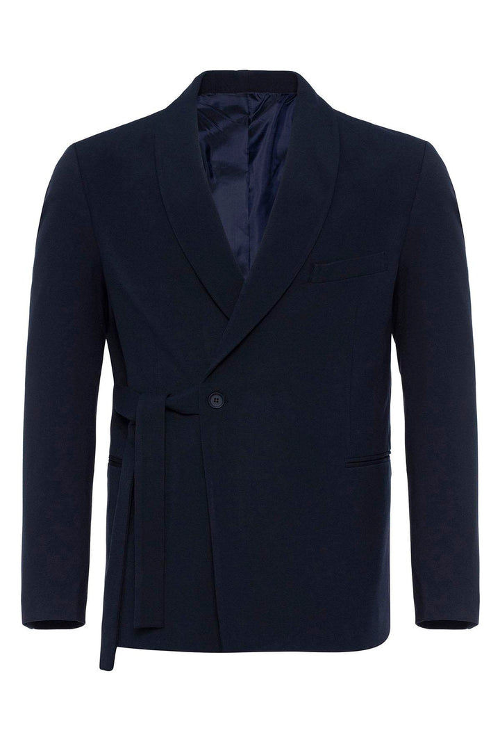 Blazer doppiopetto da uomo con dettagli tascabili in lino 100% lino blu navy - Wessi