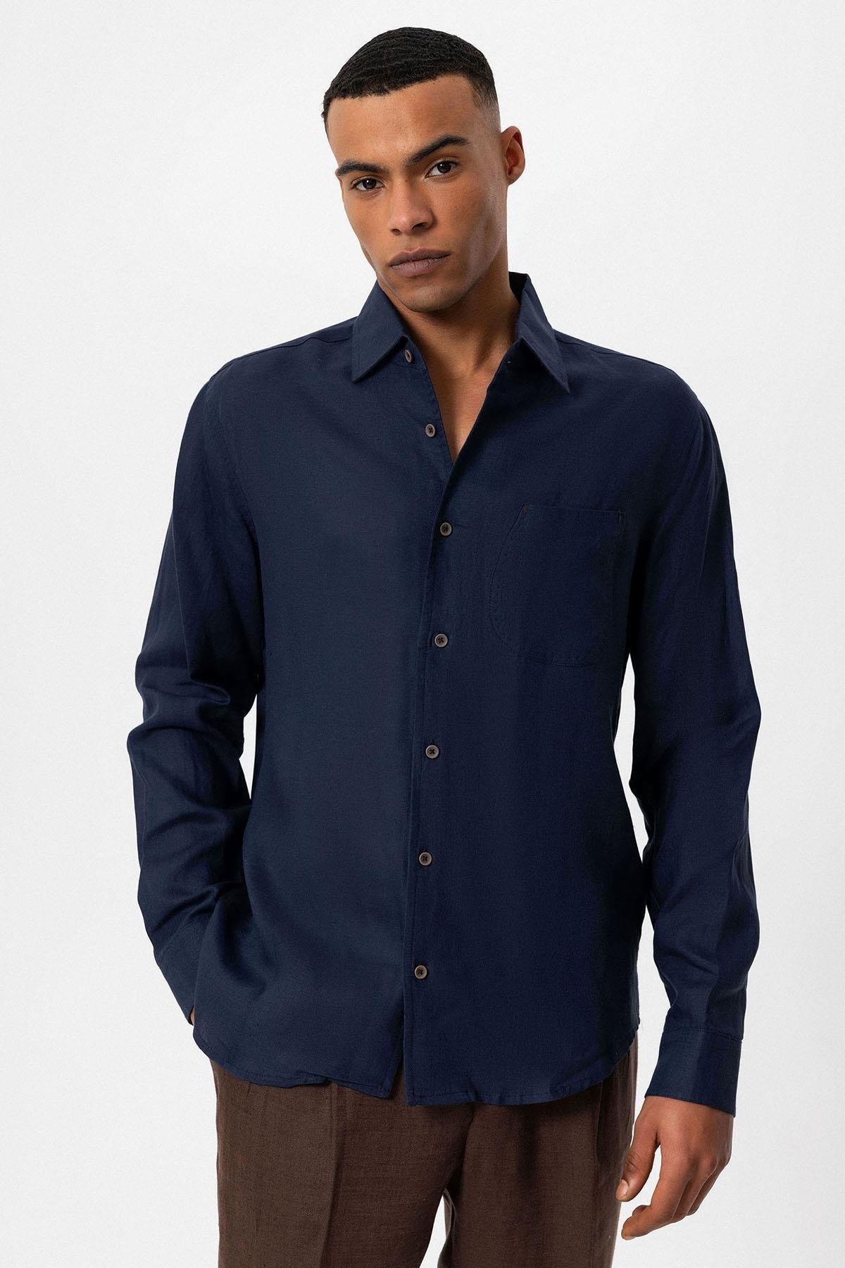 Men's Navy Blue 100% Linen Long-Sleeve Shirt - Wessi – Wessi