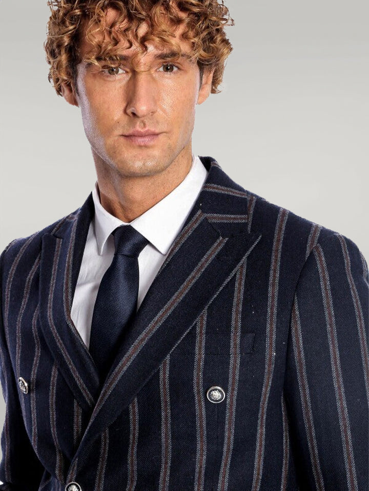 Blazer Hombre Azul Marino Cruzado Rayas Solapa Ancha - Wessi