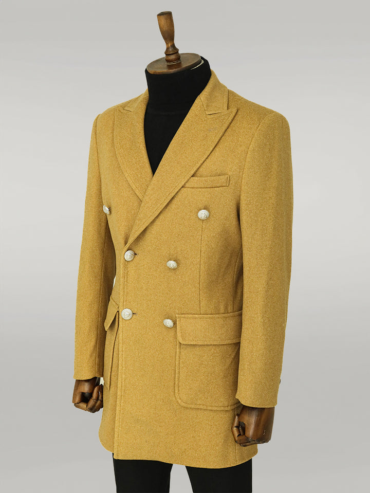 Boutons Métalliques Laine Cachemire Tan Manteau Double Boutonnage Homme - Wessi