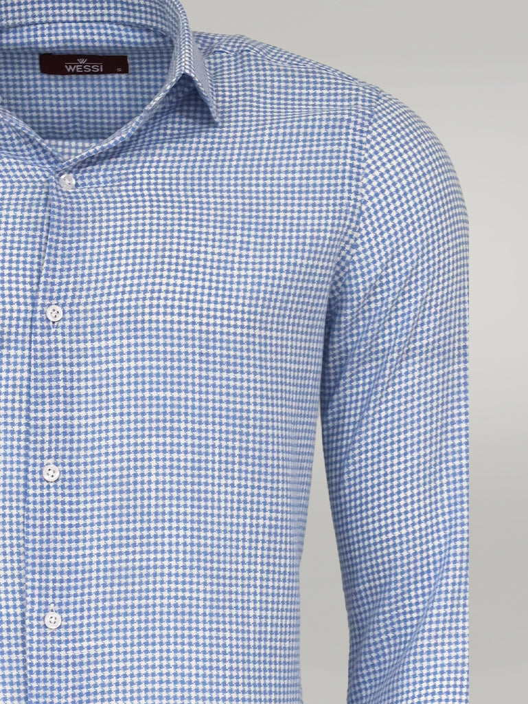 Camisa Hombre Estampado Pata De Gallo Azul Cielo - Wessi