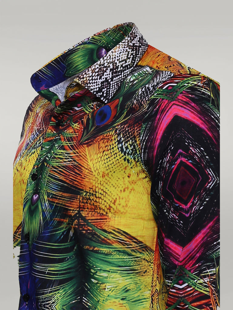 Peacock Pattern Long Sleeves Multicolor Men Shirt - Wessi