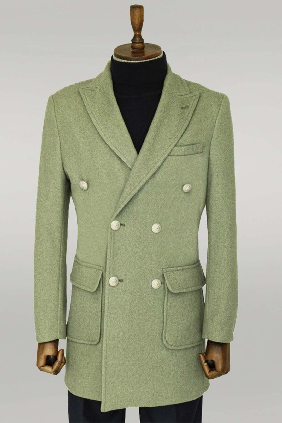 Manteau Boutons Métalliques Laine Cachemire Vert Homme Double Boutonnage - Wessi