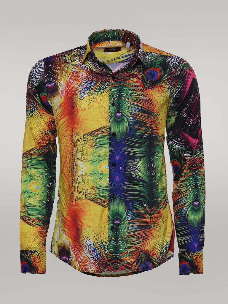 Peacock Pattern Long Sleeves Multicolor Men Shirt - Wessi