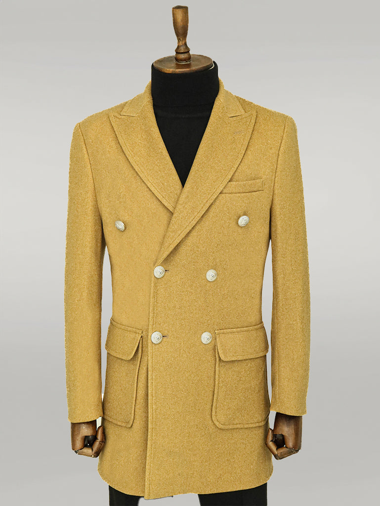 Boutons Métalliques Laine Cachemire Tan Manteau Double Boutonnage Homme - Wessi