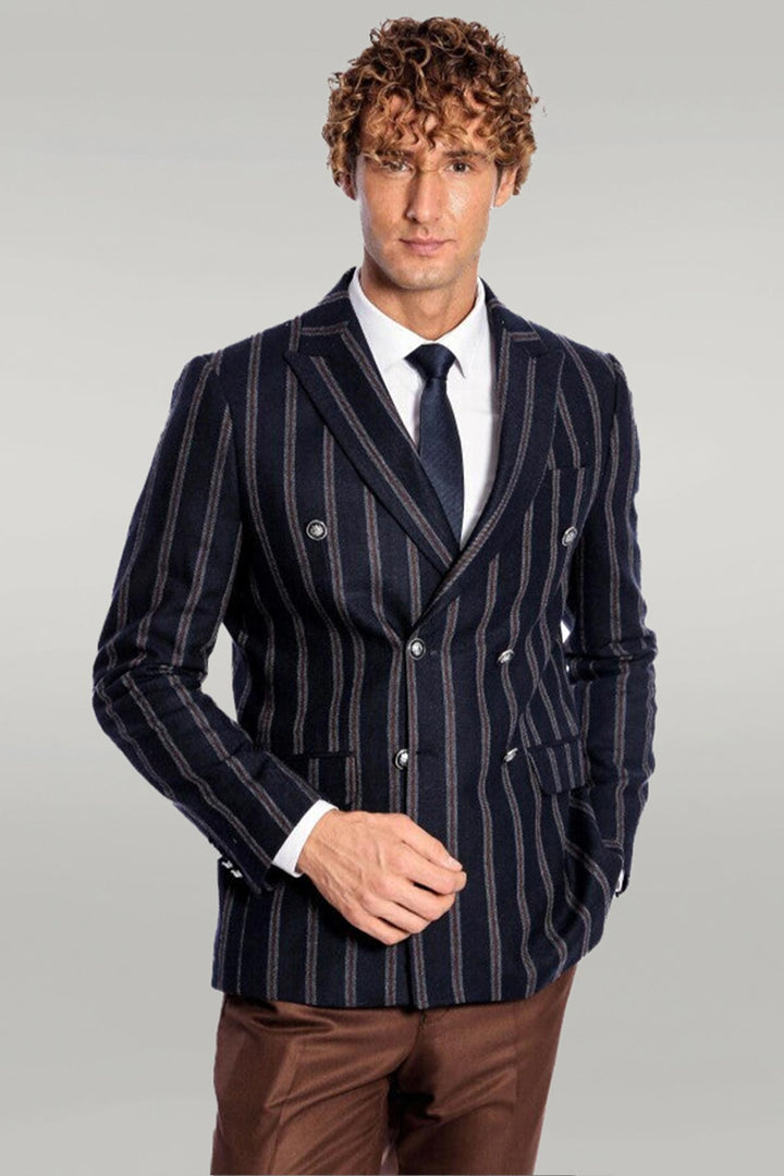 Blazer Hombre Azul Marino Cruzado Rayas Solapa Ancha - Wessi
