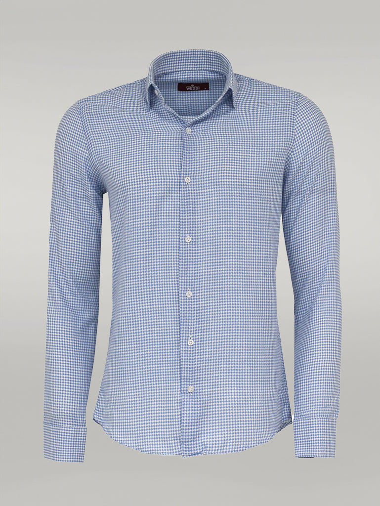 Camisa Hombre Estampado Pata De Gallo Azul Cielo - Wessi