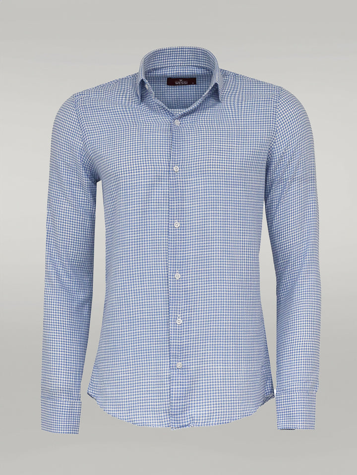 Camisa Hombre Estampado Pata De Gallo Azul Cielo - Wessi