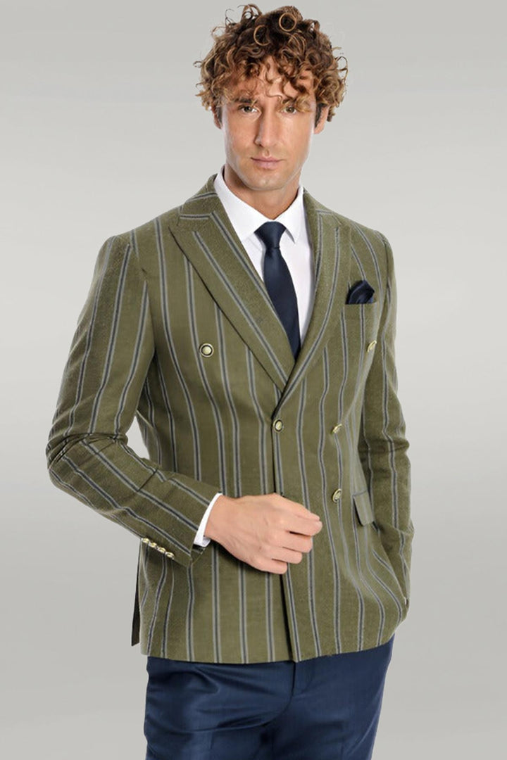 Blazer Hombre Verde Cruzado A Rayas Solapa Ancha - Wessi