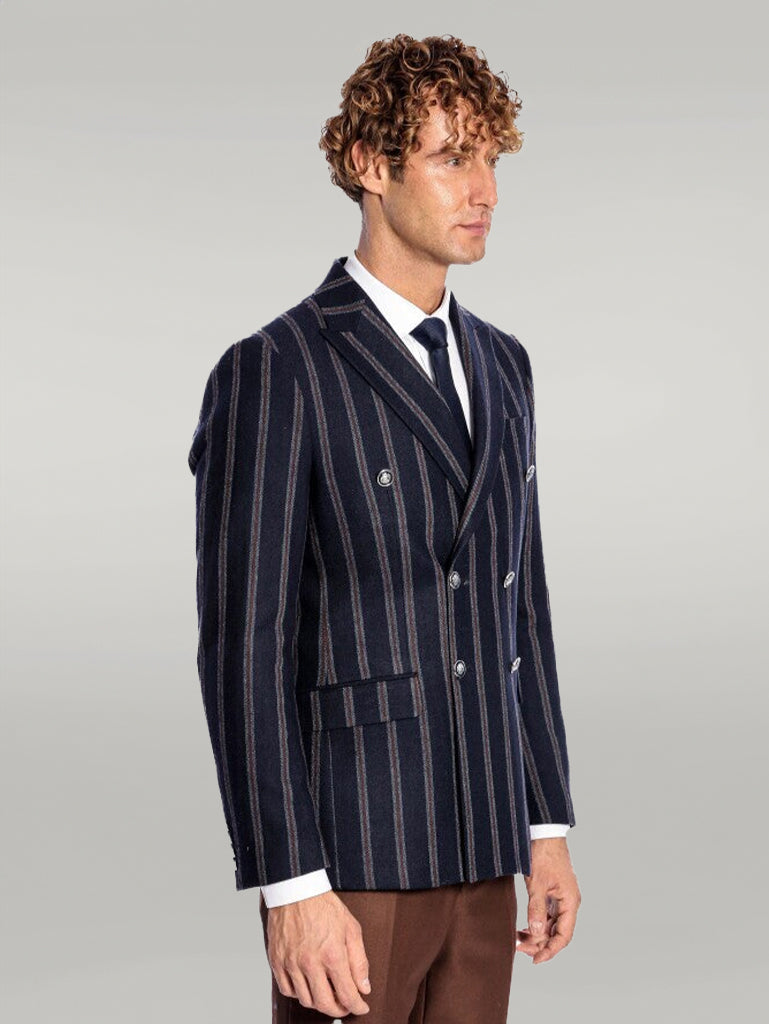 Blazer Hombre Azul Marino Cruzado Rayas Solapa Ancha - Wessi
