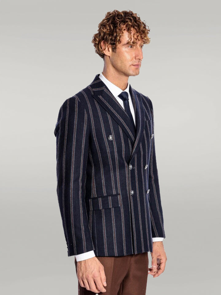 Blazer Hombre Azul Marino Cruzado Rayas Solapa Ancha - Wessi