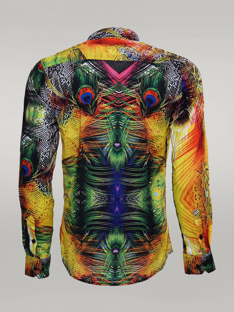 Peacock Pattern Long Sleeves Multicolor Men Shirt - Wessi