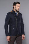 Cappotto corto da uomo in lana blu navy con 3 tasche con cappuccio e cerniera-Wessi