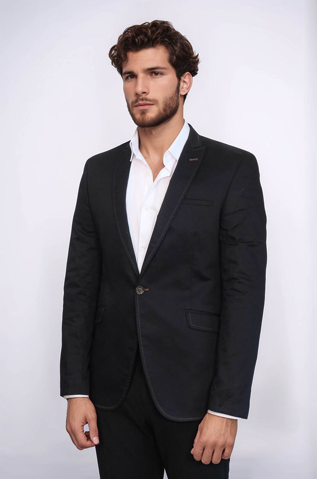 Single Button Cotton Mono Lapel Black Jacket-Wessi