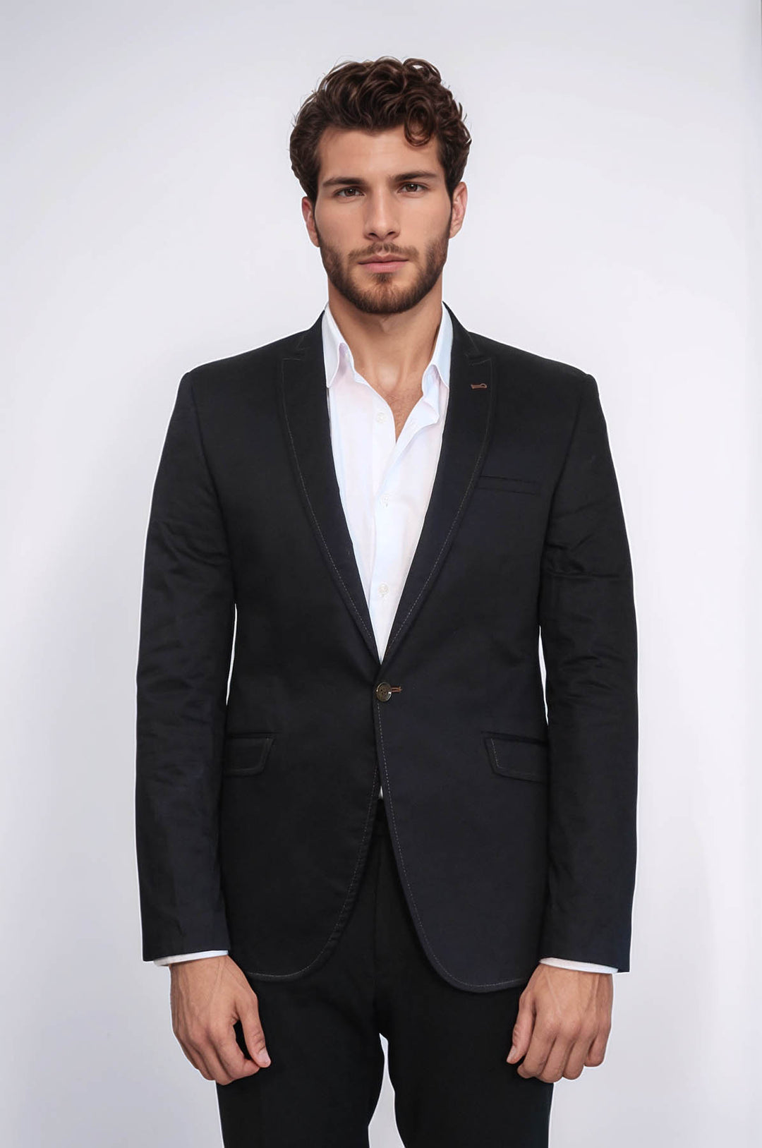 Single Button Cotton Mono Lapel Black Jacket-Wessi