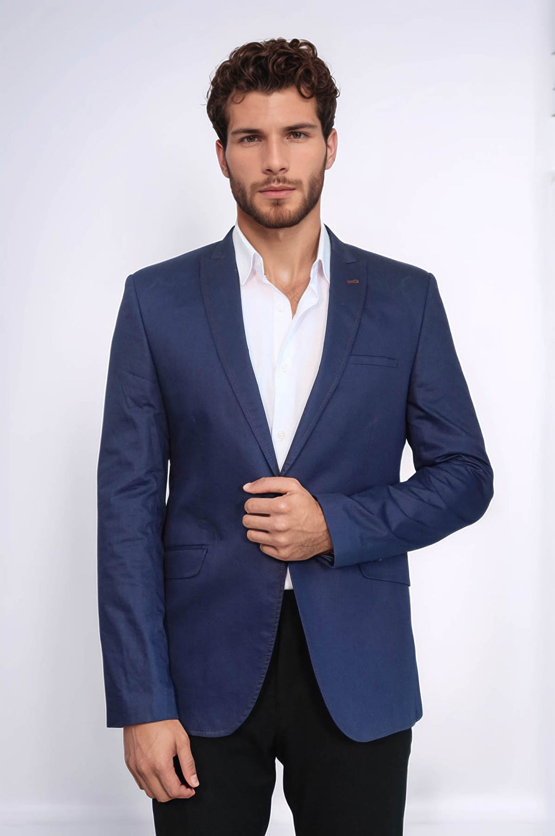 Single Button Cotton Mono Lapel Dark Blue Jacket-Wessi