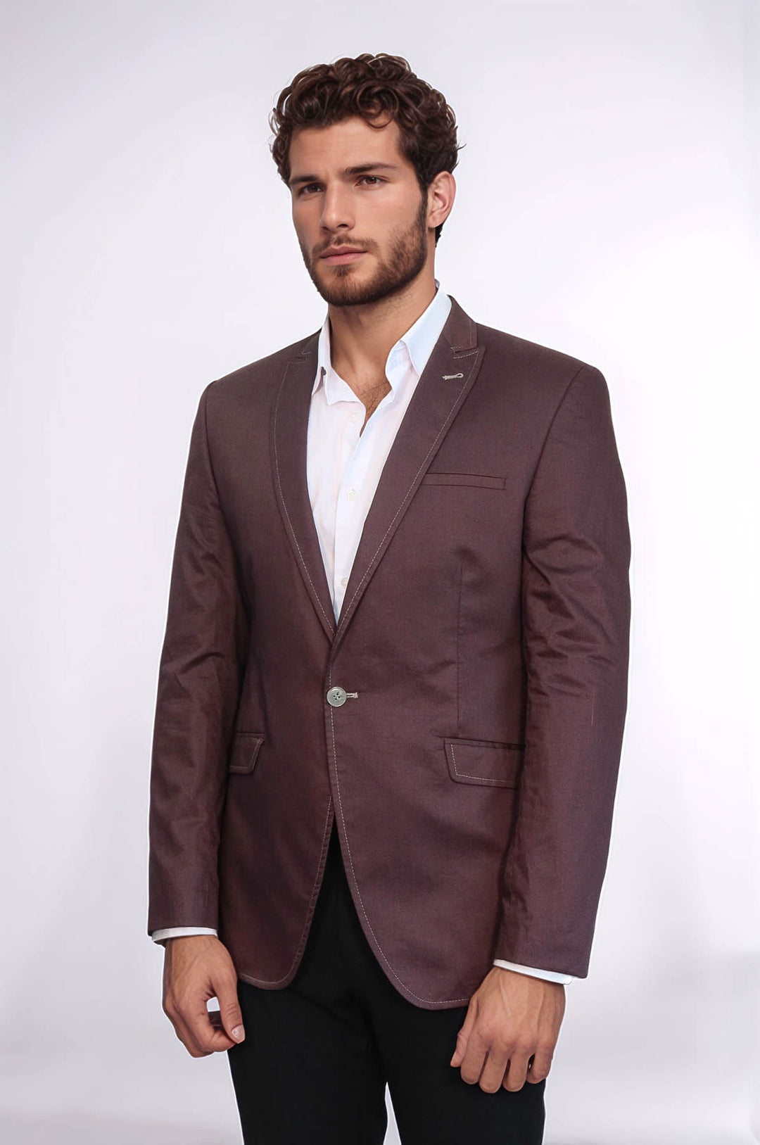 Single Button Cotton Mono Lapel Brown Jacket-Wessi