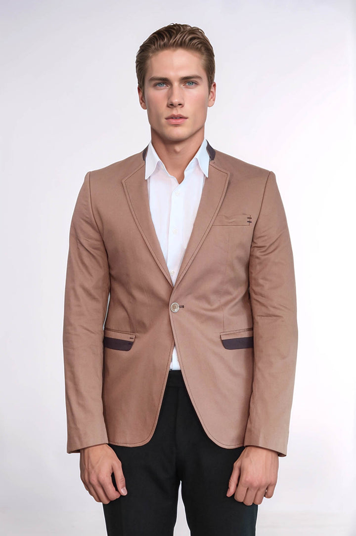Blazer De Hombre Beige Con Un Solo Botón Y Cuello Alzado - Wessi