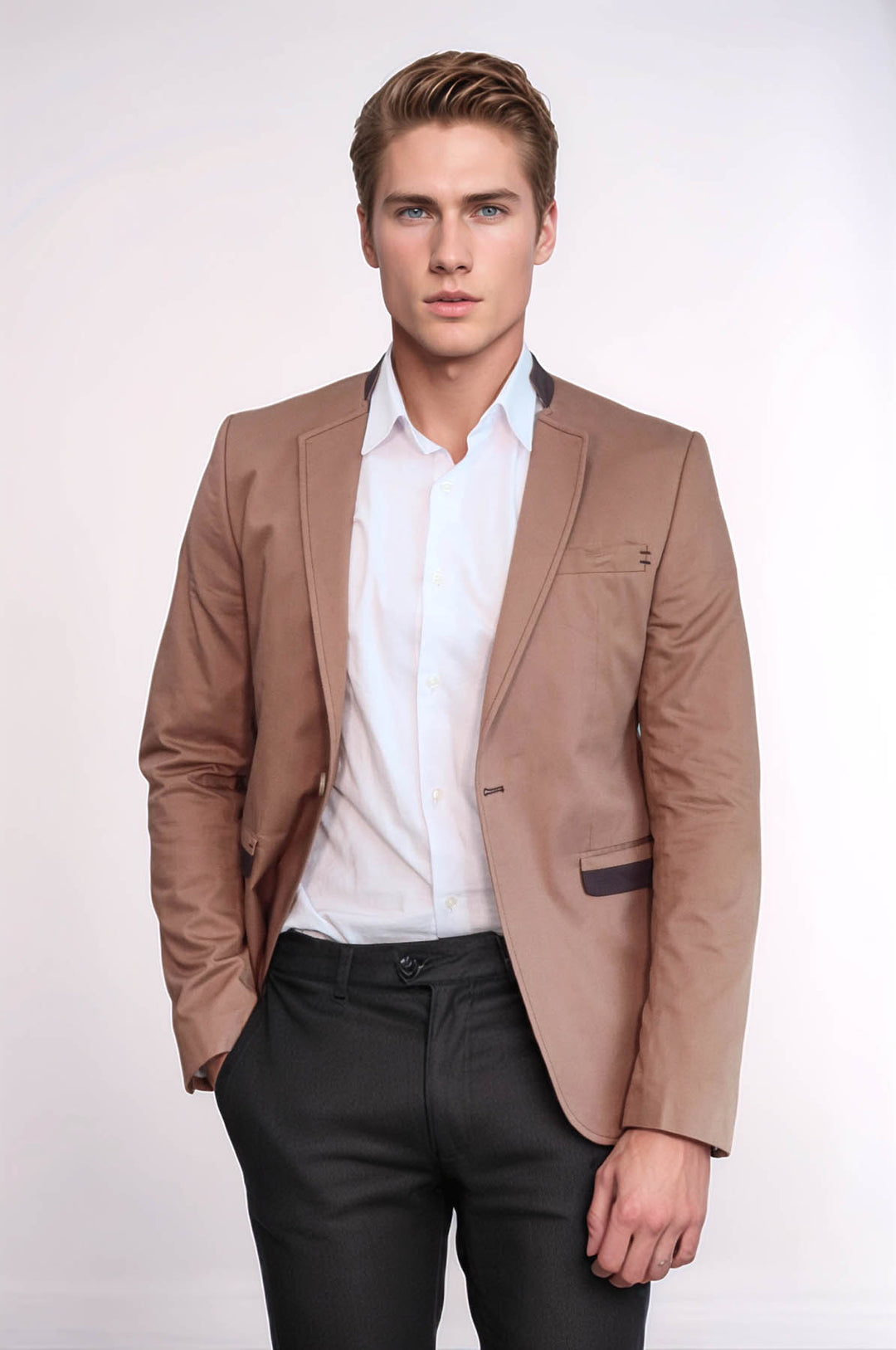 Blazer De Hombre Beige Con Un Solo Botón Y Cuello Alzado - Wessi