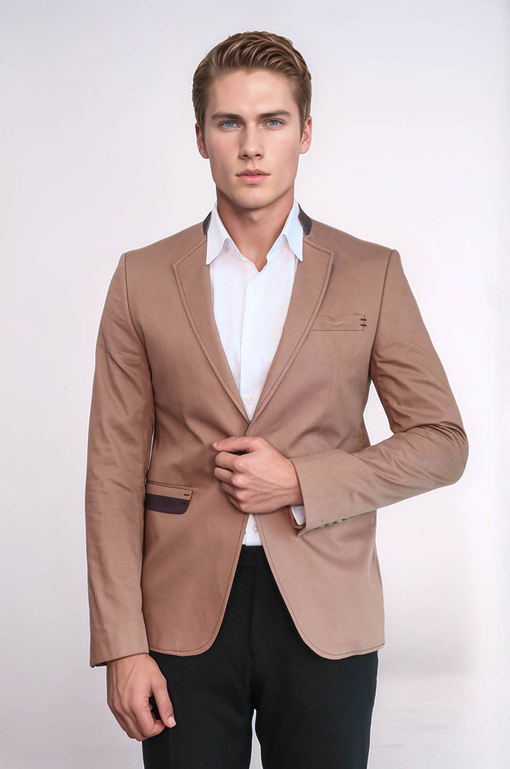 Blazer De Hombre Beige Con Un Solo Botón Y Cuello Alzado - Wessi