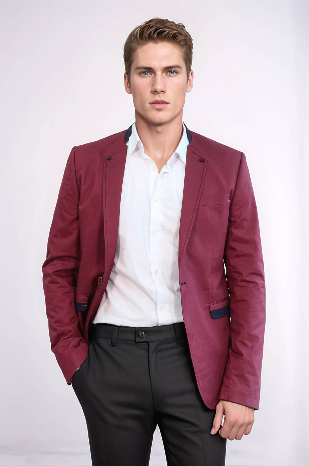 Blazer burdeos con cuello redondo para hombre - Wessi