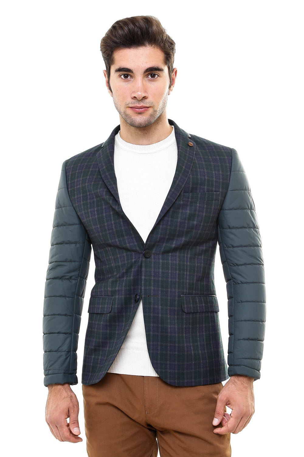 2 Button Arm Quilting Plaid Green Jacket-Wessi