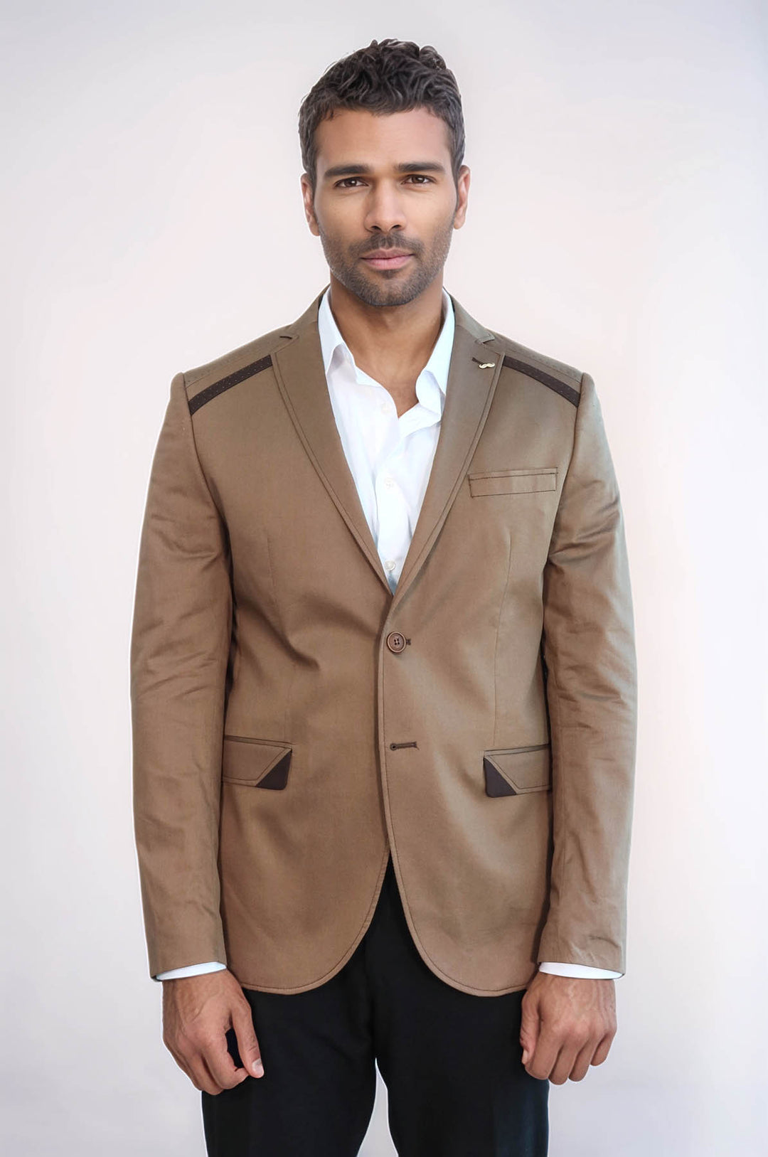 Double Buttons Mono Lapel Shoulder Piece Tan Jacket-Wessi