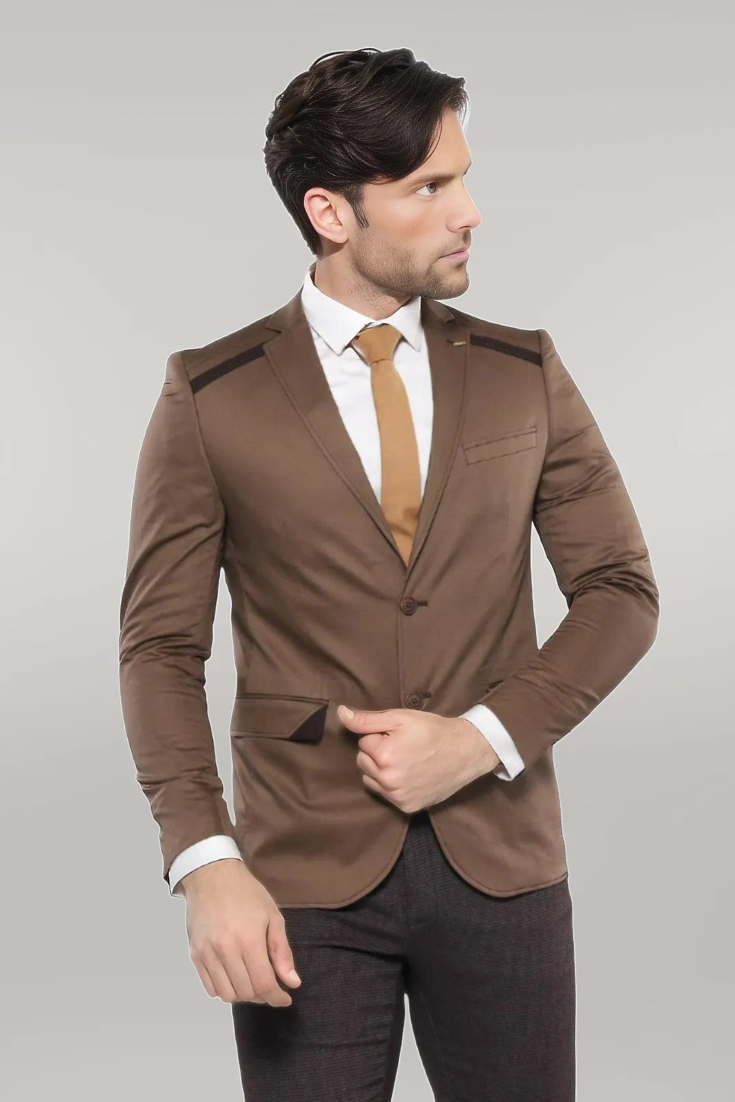 Double Buttons Mono Lapel Shoulder Piece Tan Jacket Wessi