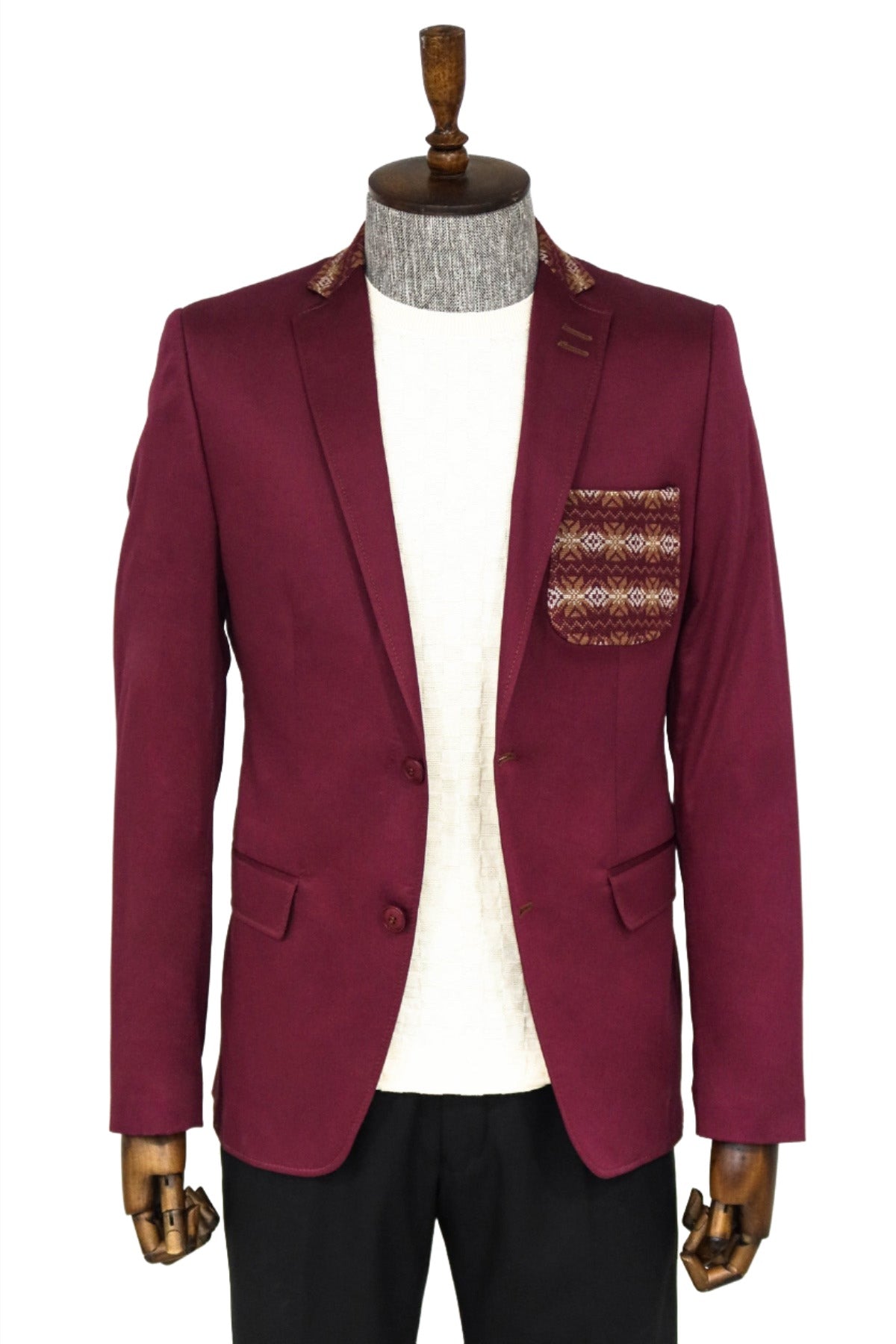 Burgundy Pocket Button-up Woolen Jacket main image 1