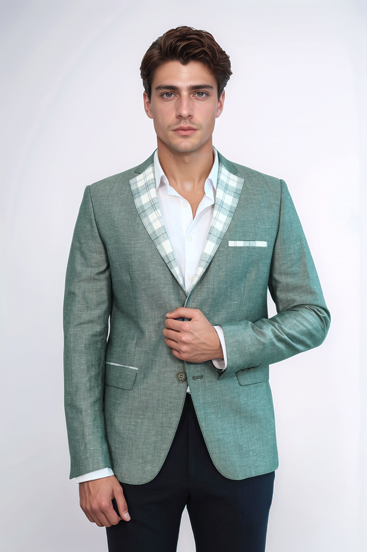 Pocket and Collar Plaid Mens Linnen Blazer - Wessi