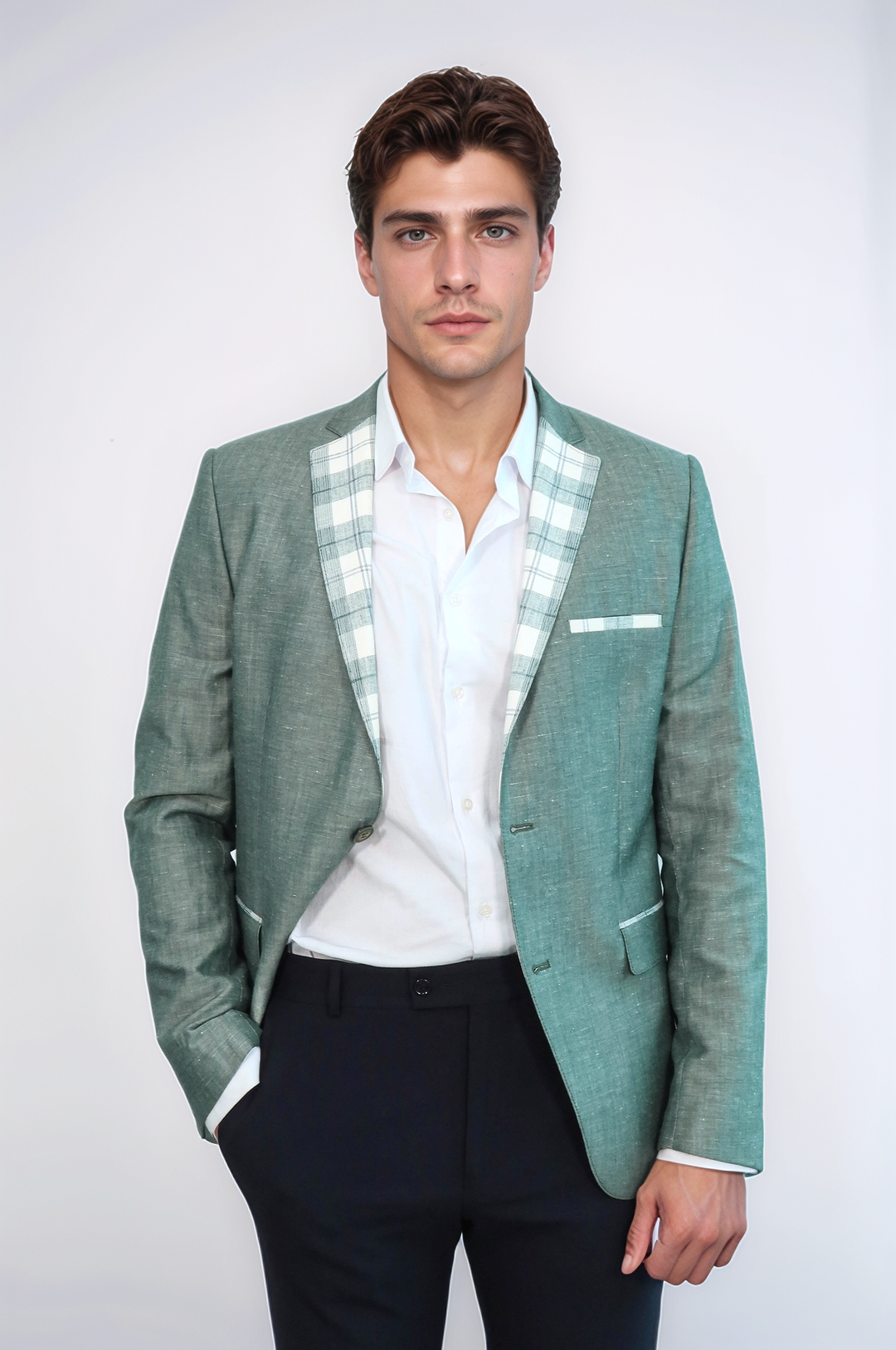 Pocket and Collar Plaid Mens Linnen Blazer - Wessi