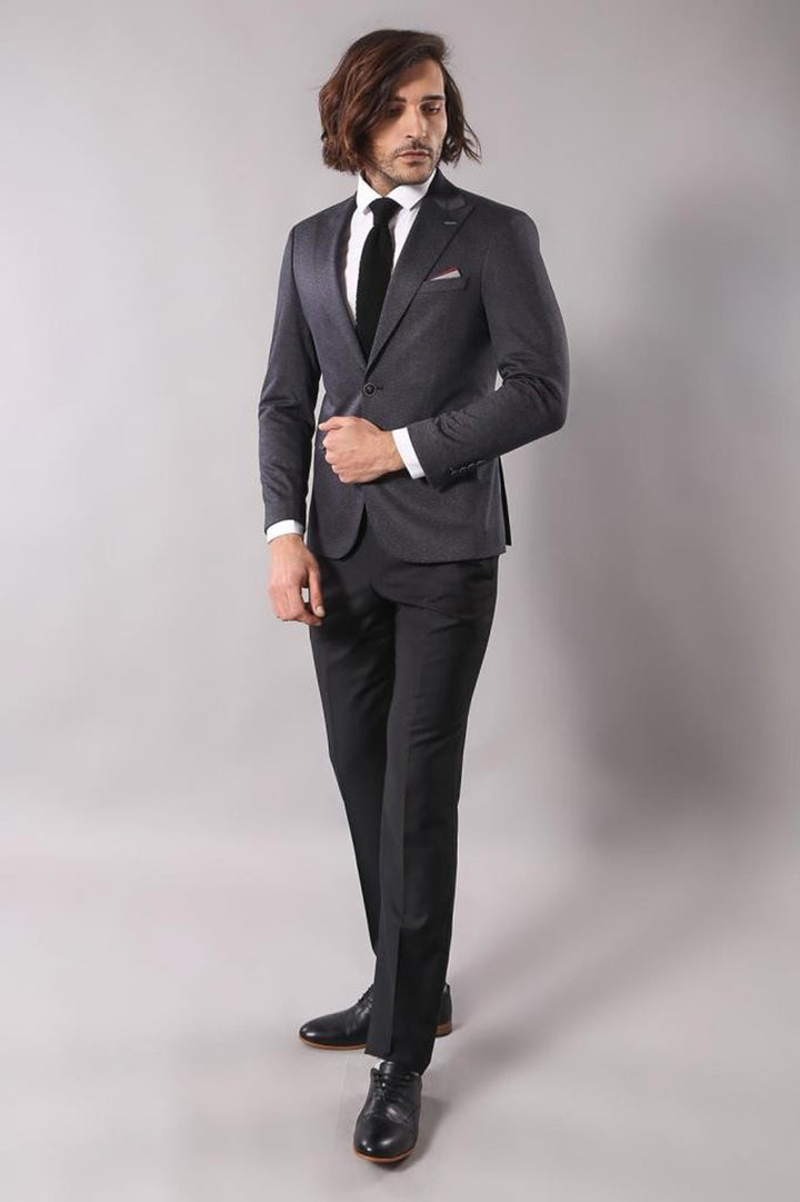 Single Button Double Vent Pointed Collar Navy Blue Blazer - Wessi