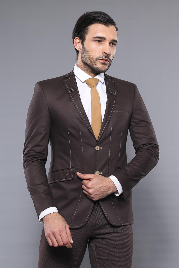 Chaqueta Marrón Bordada Puntada Botones Dobles-Wessi