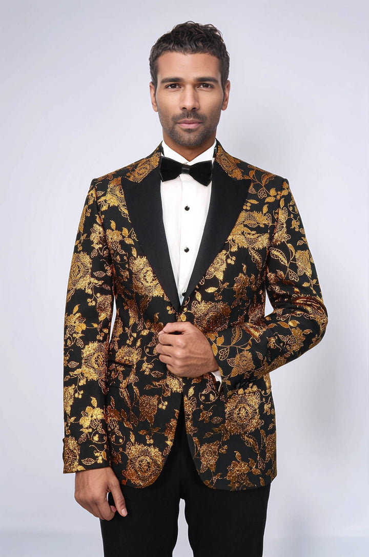Blazer de graduación para hombre amarillo con estampado floral y corte slim - Wessi