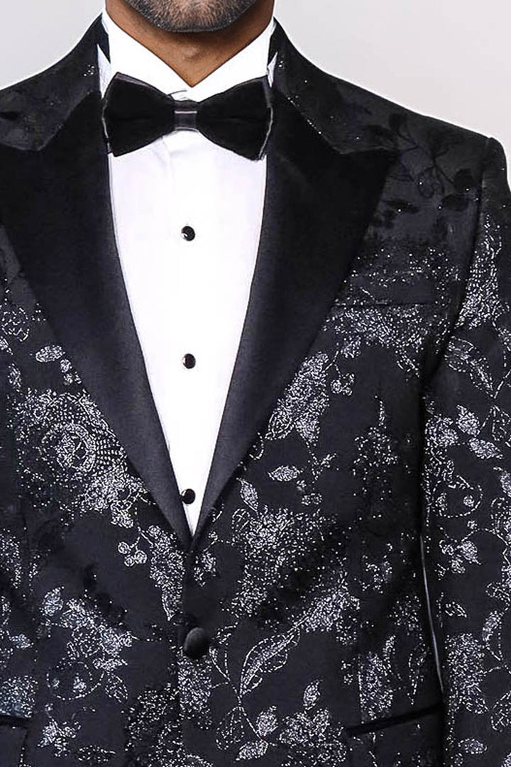 Floral Patterned Shiny Peak Lapel Black Men Dinner Jacket  - Wessi