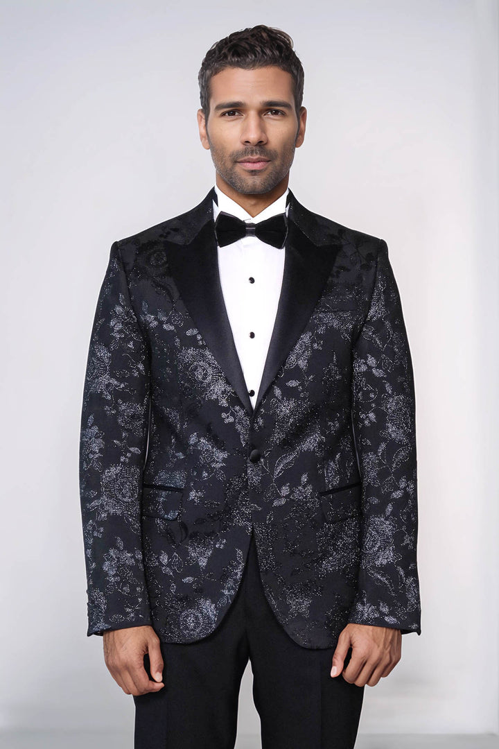 Floral Patterned Shiny Peak Lapel Black Men Dinner Jacket  - Wessi