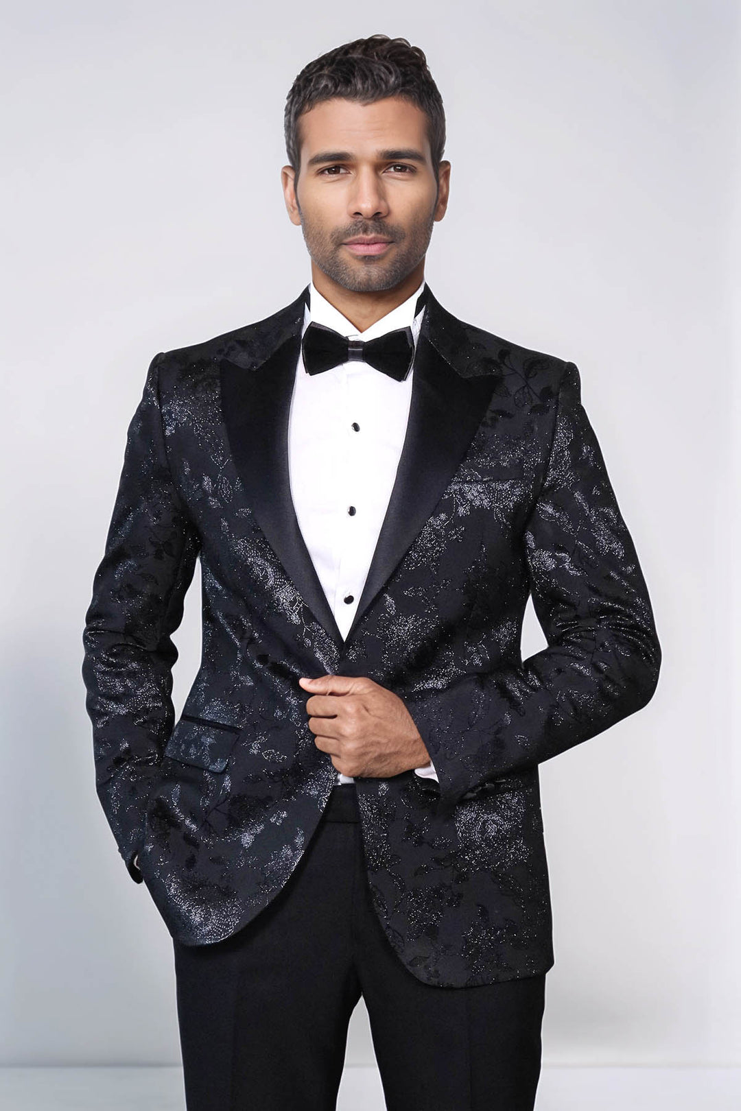 Floral Patterned Shiny Peak Lapel Black Men Dinner Jacket  - Wessi