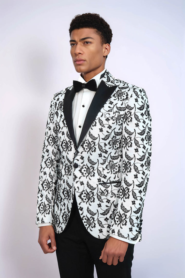 Blazer de bal blanc à revers en pointe à motifs floraux pour hommes - Wessi