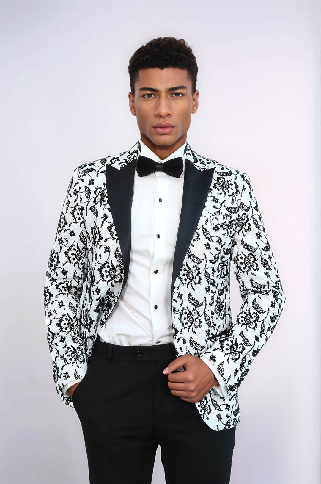 Blazer de bal blanc à revers en pointe à motifs floraux pour hommes - Wessi
