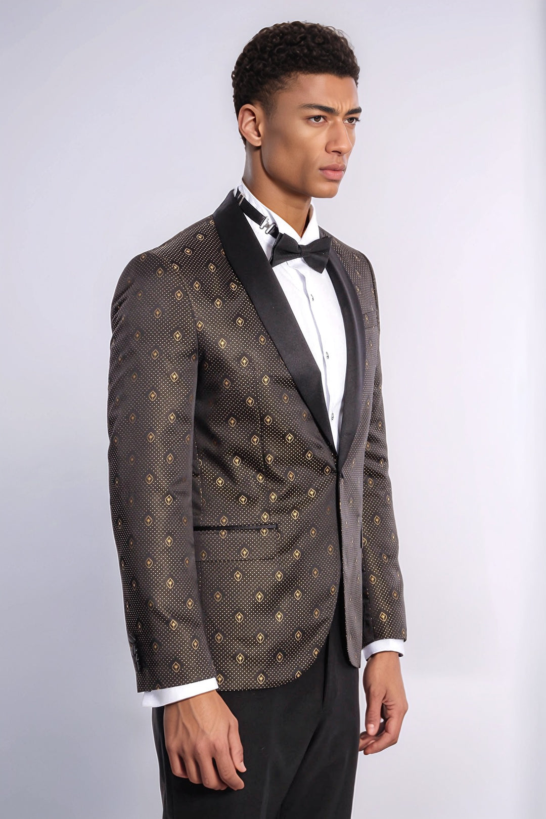 Blazer de smoking pour hommes noirs à motif de points dorés à revers châle - Wessi