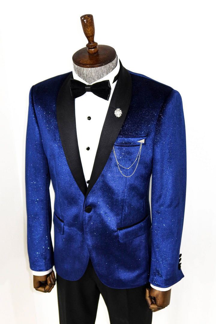 Blazer De Fiesta Hombre Terciopelo Sax Azul Con Cuello Chal - Wessi
