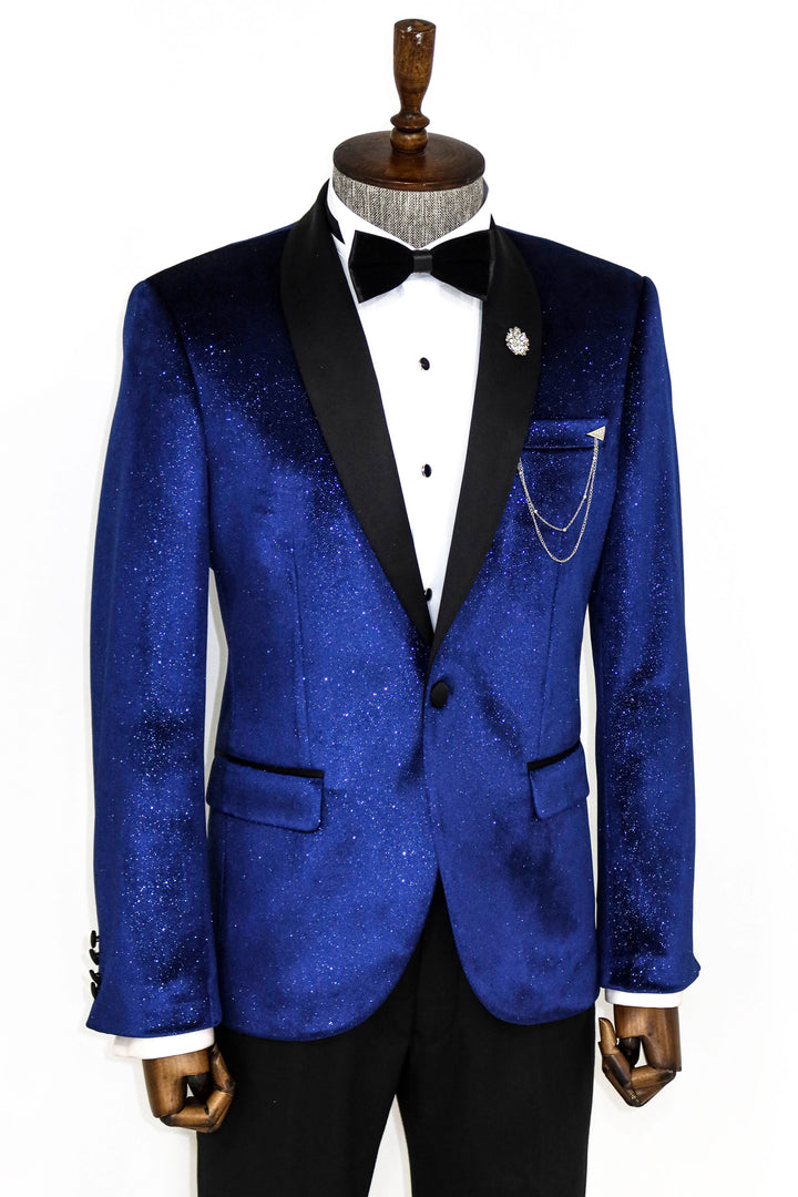Blazer De Fiesta Hombre Terciopelo Sax Azul Con Cuello Chal - Wessi