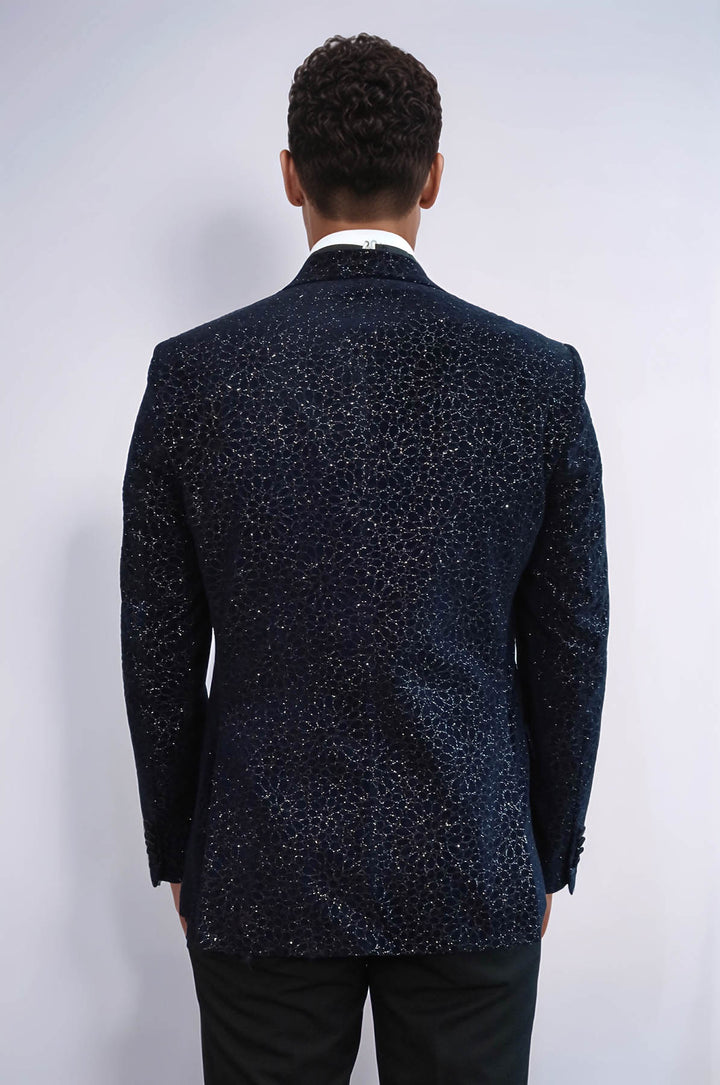 Glitter Floral Patterned Navy Blue Men Wedding Tuxedo Blazer - Wessi