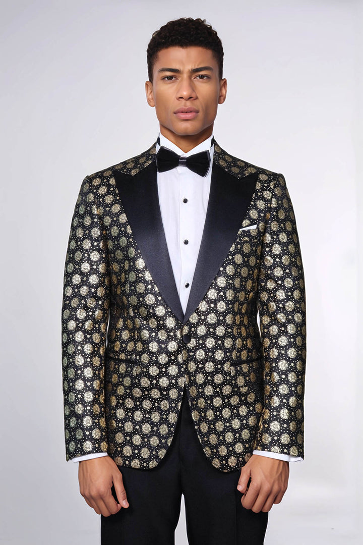 Blazer de bal noir à motif floral et revers en pointe pour hommes - Wessi