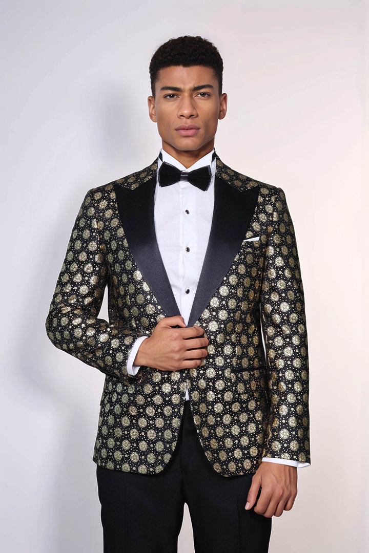 Blazer de bal noir à motif floral et revers en pointe pour hommes - Wessi
