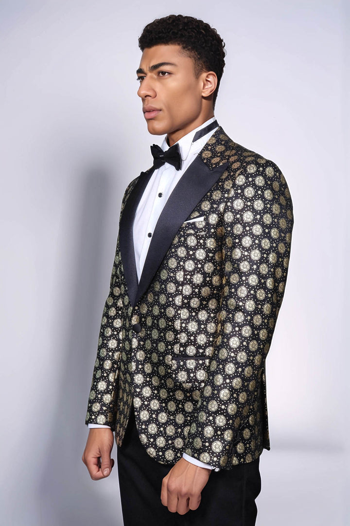 Blazer de bal noir à motif floral et revers en pointe pour hommes - Wessi