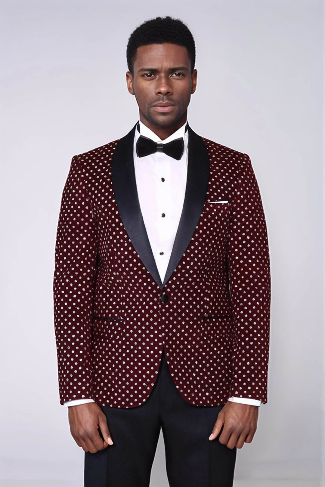 Blazer de graduación para hombre con estampado de lunares y corte slim en color burdeos - Wessi